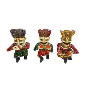 Set Of 3 Hand-Painted Carved Indian Raja Musician Figurines In Vibrant Colors Wo